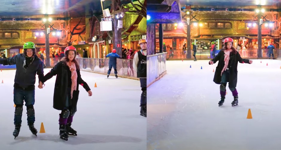 Andy e PH patinando no parque de neve Snowland em Gramado