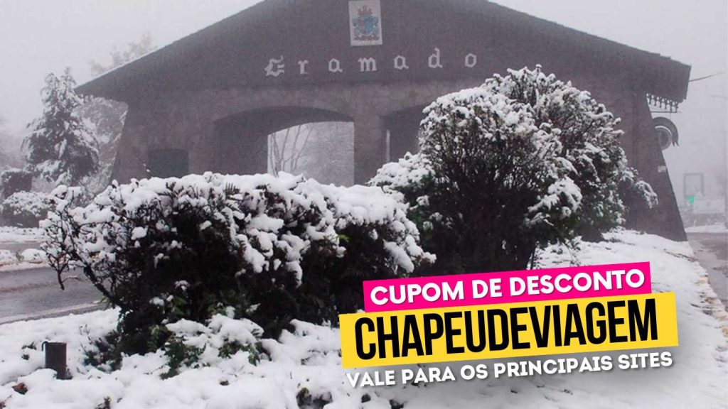 Gramado no Inverno cupom CHAPEUDEVIAGEM - Neve no pórtico de Gramado