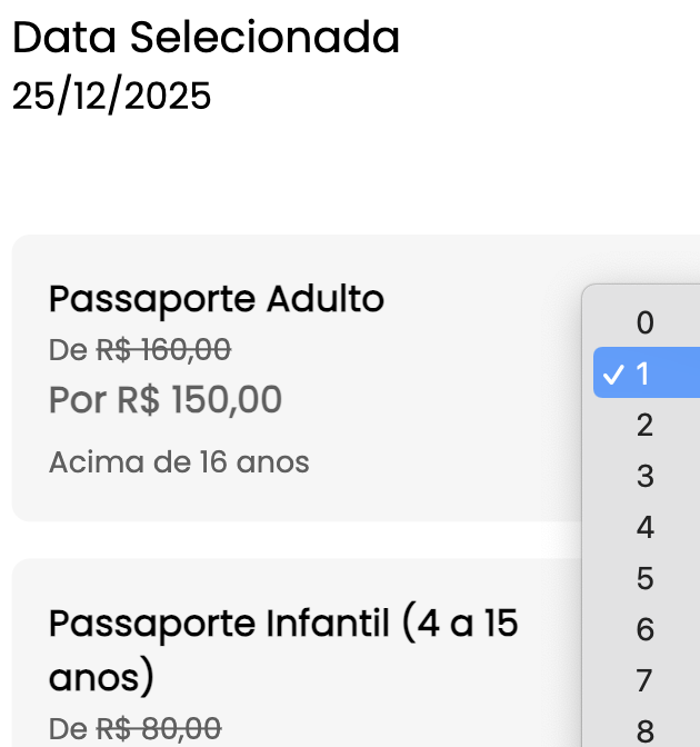 Selecionar quantidade de ingressos parque Florybal - parque florybal
