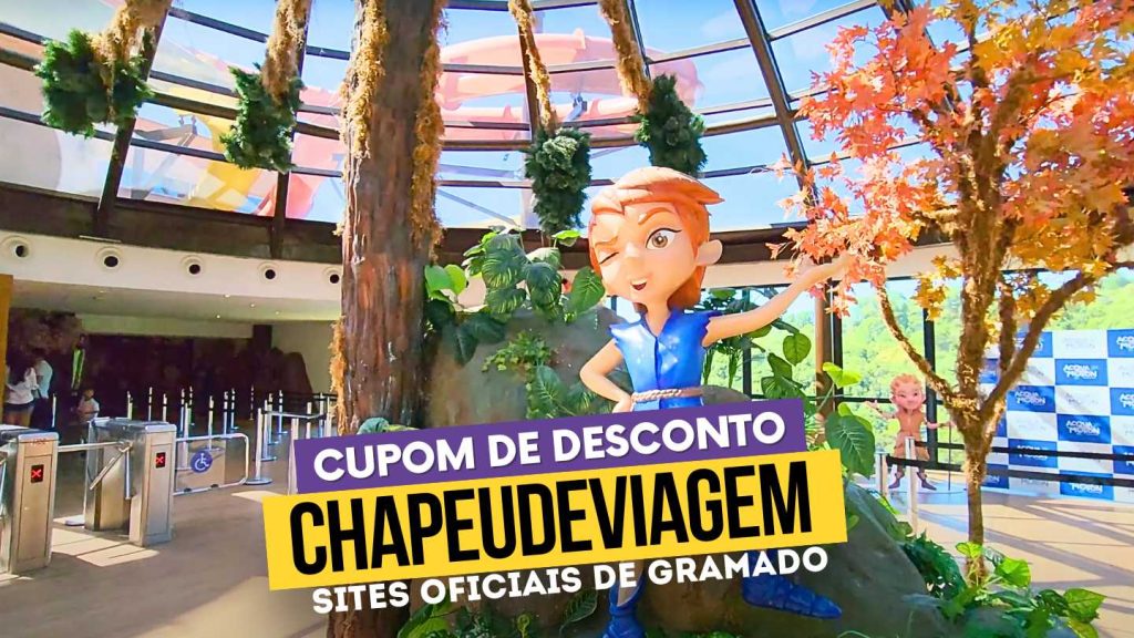 Acquamotion Gramado Cupom CHAPEUDEVIAGEM - Entrada do parque com estatua do personagem