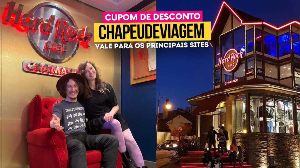 Cupom Hard Rock Gramado - Guia Completo: Desconto de 5%, Shows e Dicas 13 Cupom Hard Rock Gramado CHAPEUDEVIAGEM - Andy e PH na poltrona vermelha e Fachada do Hard Rock Café Gramado