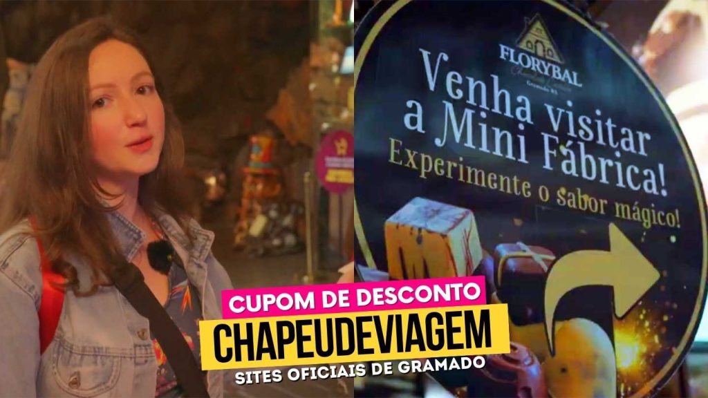 Cupom Parque Florybal CHAPEUDEVIAGEM com até 15% de deconto! Tudo sobre... 18 Cupom Parque Florybal CHAPEUDEVIAGEM - Andy com entrada na mão e ao lado foto da placa da mini fabrica de chocolate florybal