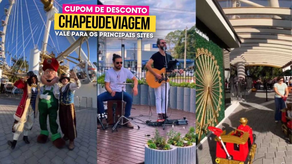 Roda Gigante Canela Cupom - Guia com Desconto de 5% 10 Roda Gigante Canela Cupom CHAPEUDEVIAGEM - tres imagens, a primeira dos personagens do mundo a vapor, segunda dos musicos ao vivo e terceira dos carrinhos de bebe de trem