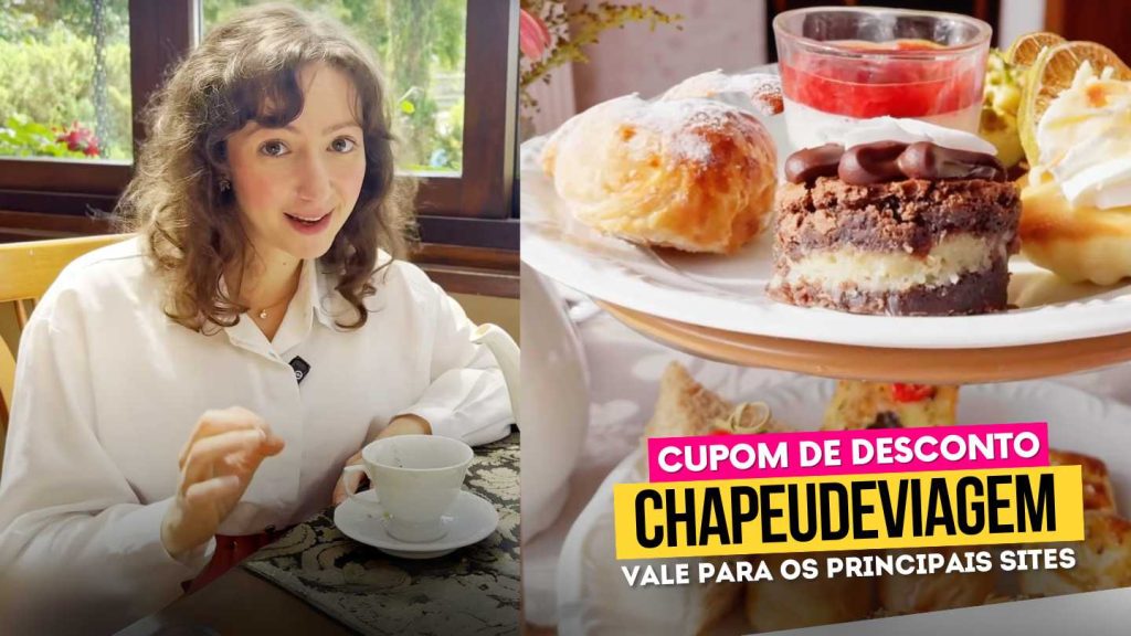 Hotel Ritta Hoppner Cupom CHAPEUDEVIAGEM - até 25% de Desconto, Guia Completo 9 Hotel Ritta Hoppner Cupom CHAPEUDEVIAGEM - Andy com café e ao lado imagem de doces do café da manha