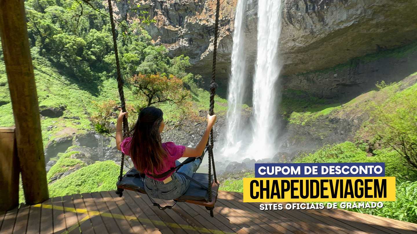 Cupom Pé da Cascata CHAPEUDEVIAGEM 5% OFF 1 Cupom Pé da Cascata CHAPEUDEVIAGEM - Moça no balanço do pé da cascata