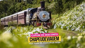 Ingresso Maria Fumaça Cupom CHAPEUDEVIAGEM - Maria Fumaça frente da locomotiva a vapor nas hortênsias