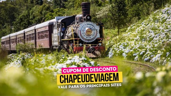 Ingresso Maria Fumaça Cupom CHAPEUDEVIAGEM - Maria Fumaça frente da locomotiva a vapor nas hortênsias