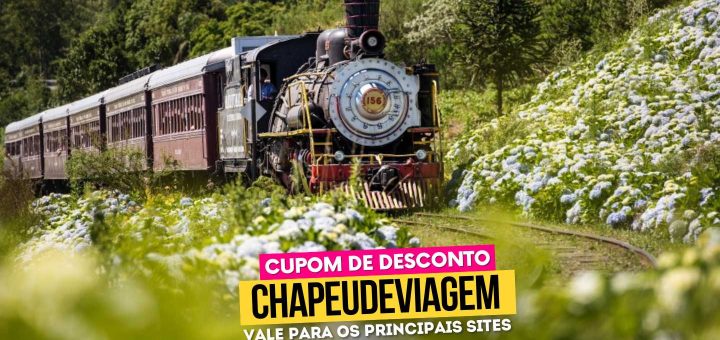 Ingresso Maria Fumaça Cupom CHAPEUDEVIAGEM - Maria Fumaça frente da locomotiva a vapor nas hortênsias