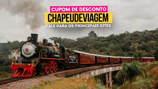 Ingresso Maria Fumaça Cupom CHAPEUDEVIAGEM - Maria Fumaça locomotiva a vapor preta com todos os vagões