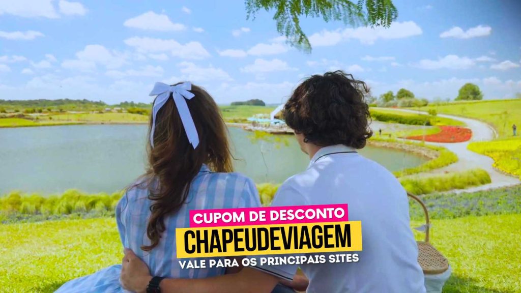 Matria Parque de Flores Cupom CHAPEUDEVIAGEM -  Andy e PH de costas admirando o lago com cesta de picnic