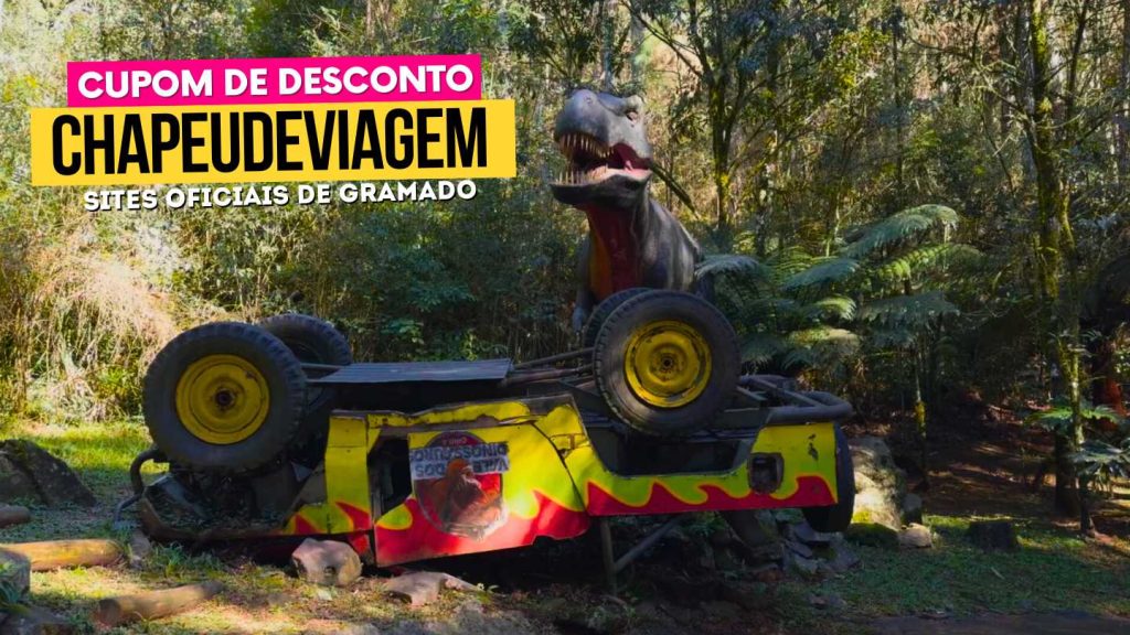 Passaporte Dreams Cupom CHAPEUDEVIAGEM  - Dinossauro e carro de cabeça para baixo, no vale dos dinossauros