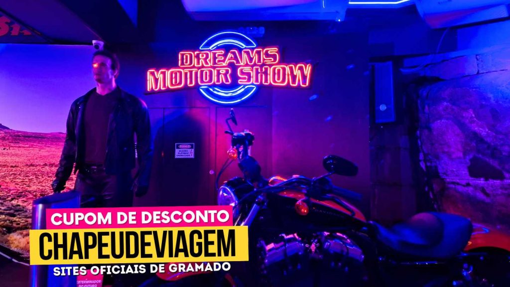Passaporte Dreams Cupom CHAPEUDEVIAGEM  - estatua de cera do exterminador do futuro e moto, no dreams motor show