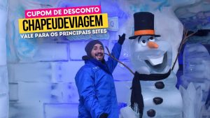 Ingresso Ice Bar Dreamland Cupom CHAPEUDEVIAGEM - Bar de gelo, homem ao lado do boneco de neve
