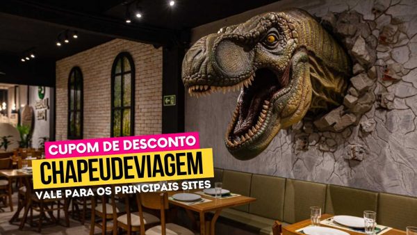 Ingresso Jurassic Pizza - Cupom CHAPEUDEVIAGEM até 15% de Desconto 1 Ingresso Jurassic Pizza CHAPEUDEVIAGEM - parede com dinossauro rex