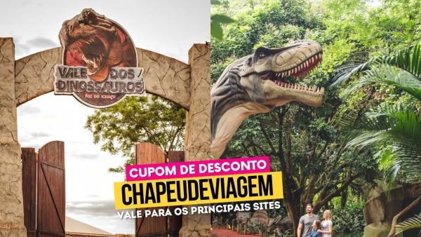 Ingresso Vale dos Dinossauros Foz Cupom CHAPEUDEVIAGEM - Fachada do parque e dinossauro