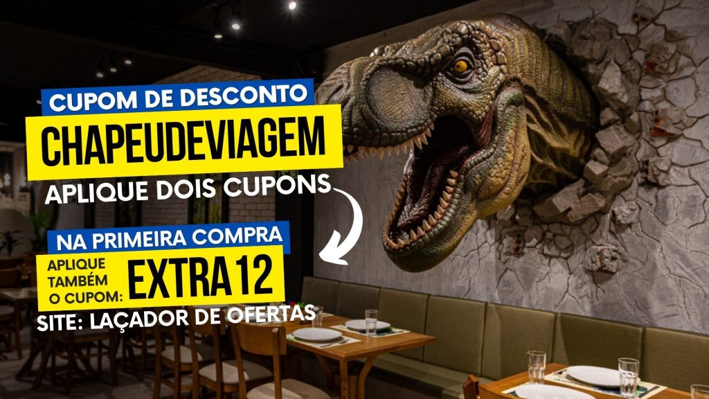 Ingresso Jurassic Pizza CHAPEUDEVIAGEM - parede com dinossauro rex - Desconto Foz