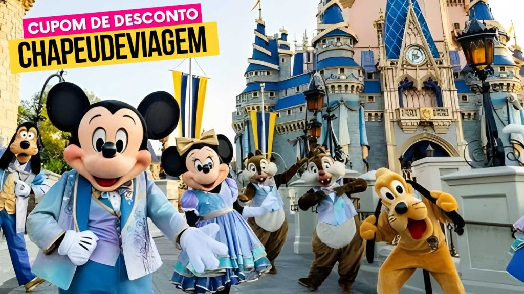 Walt Disney World Orlando Cupom CHAPEUDEVIAGEM - personagens da disney na frente do castelo