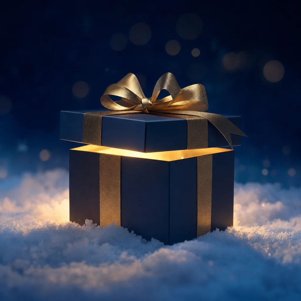 Ilustração de uma caixa de presente entreaberta com luz saindo de dentro, sobre a neve.
