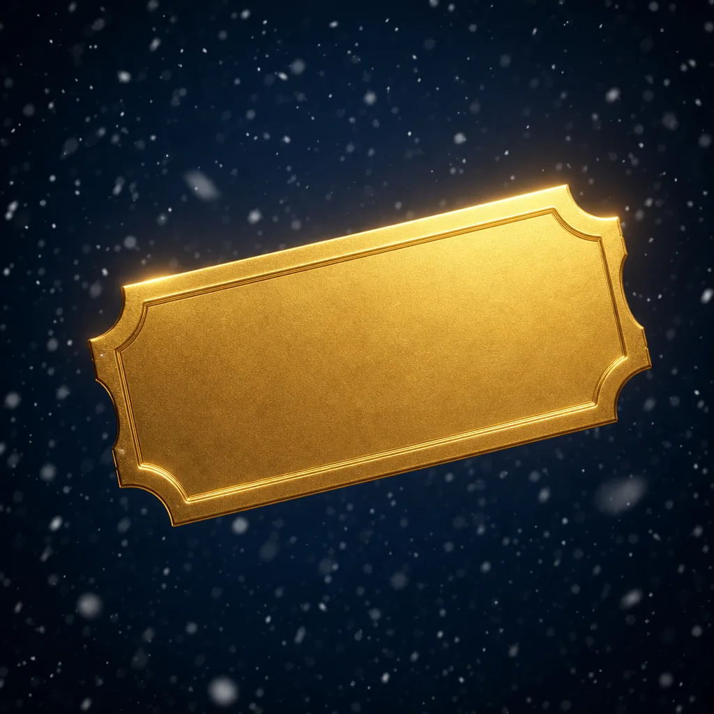 Ilustração de um ticket dourado flutuando sobre fundo azul-noite com flocos de neve.
