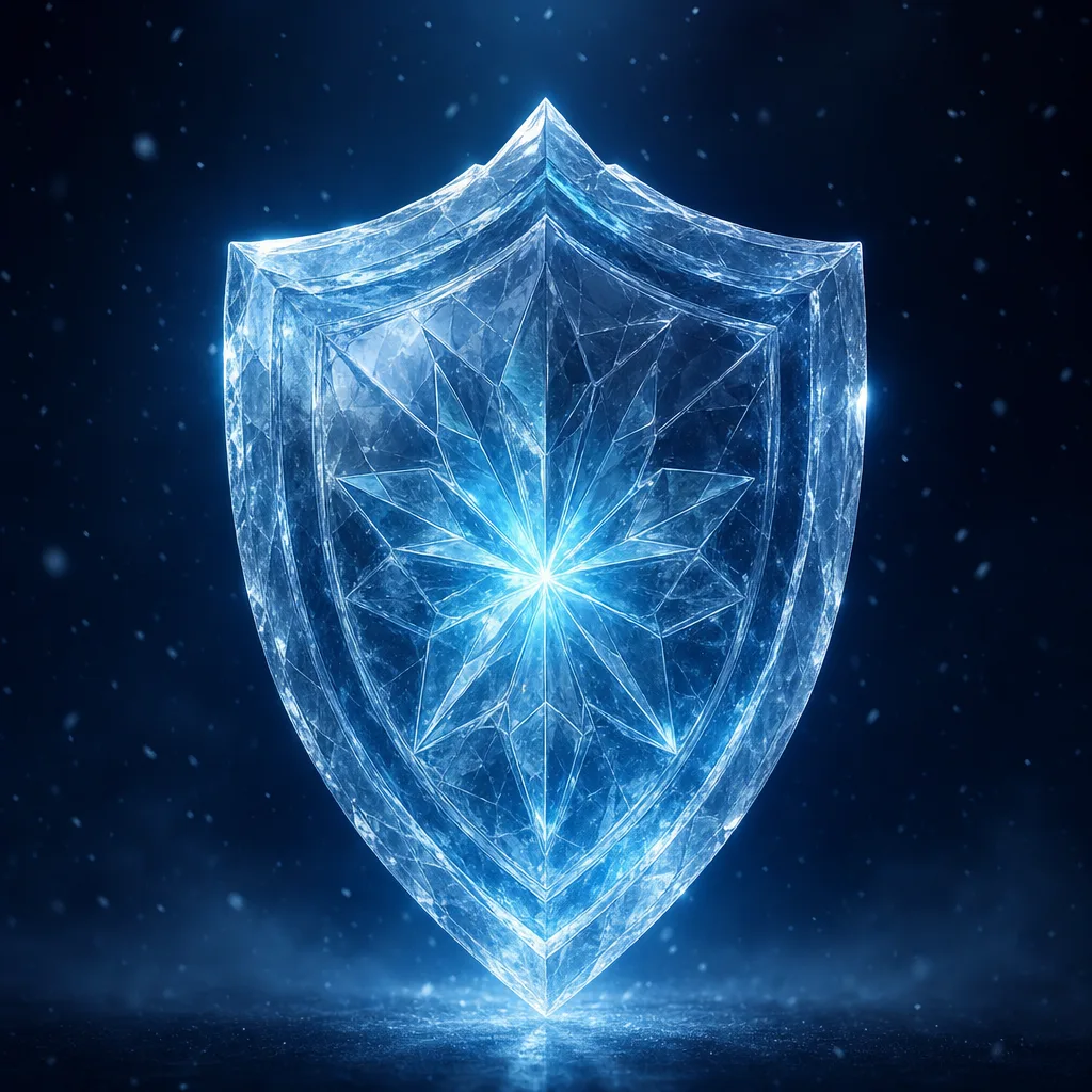 Ilustração de um escudo de cristal de gelo brilhando sobre fundo azul-noite.