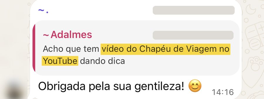 Participante lembra que tem vídeo do Chapéu de Viagem no YouTube dando dica