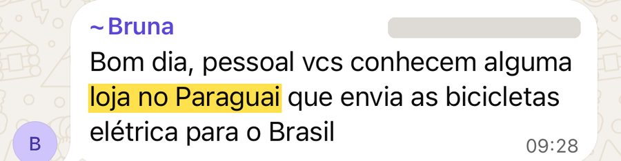 Bruna pergunta se alguém conhece uma loja no Paraguai que envia bicicletas elétricas para o Brasil