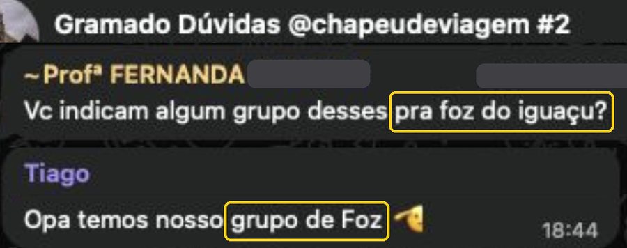 No grupo Gramado Dúvidas, uma participante pergunta se há grupo para Foz do Iguaçu e recebe o link do nosso grupo de Foz
