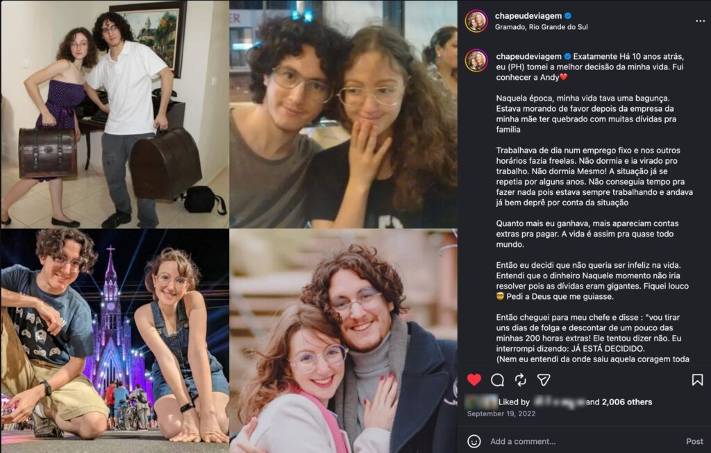 Post do Instagram do Chapéu de Viagem com fotos de Andy e PH desde 2012, contando como o casal se conheceu