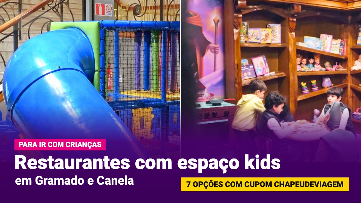 Espaço kids com escorregador do Gatzz e crianças brincando na Hector Pizzaria, restaurantes com espaço kids em Gramado e Canela